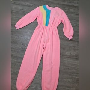 Vintage 70's-80's Girls Size XL Fleece One Peice Pajamas Pastel Colorblock